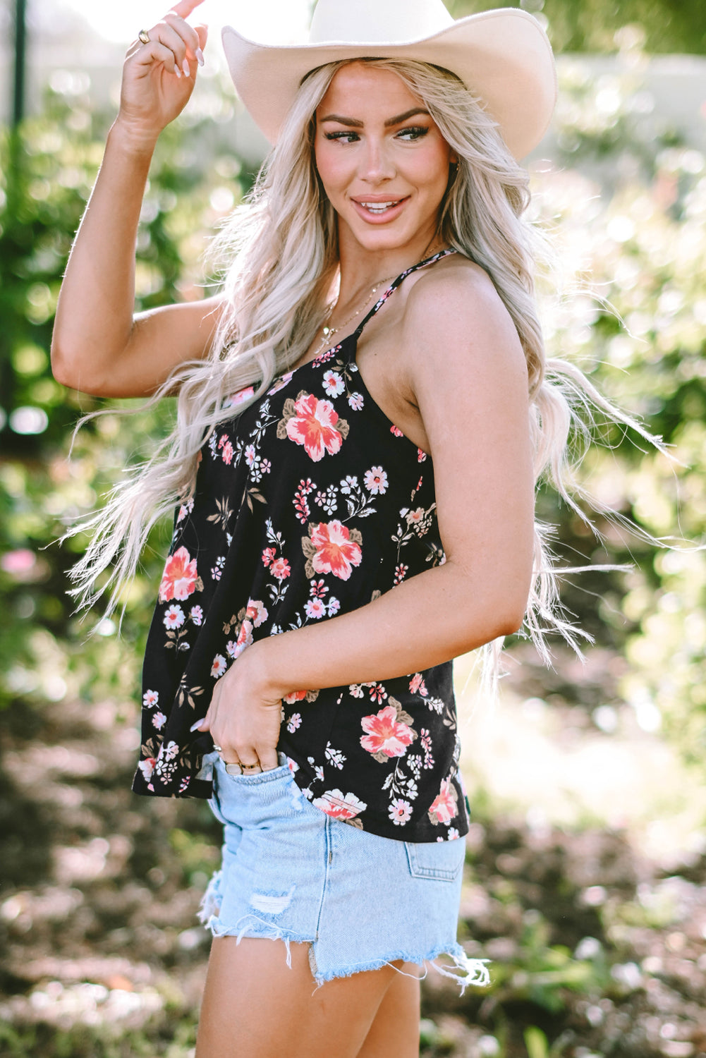 Zwarte bloemen spaghettibandjes tanktop met bandjes op de rug