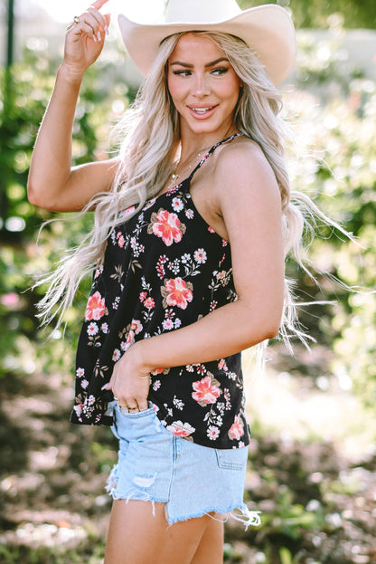Zwarte bloemen spaghettibandjes tanktop met bandjes op de rug