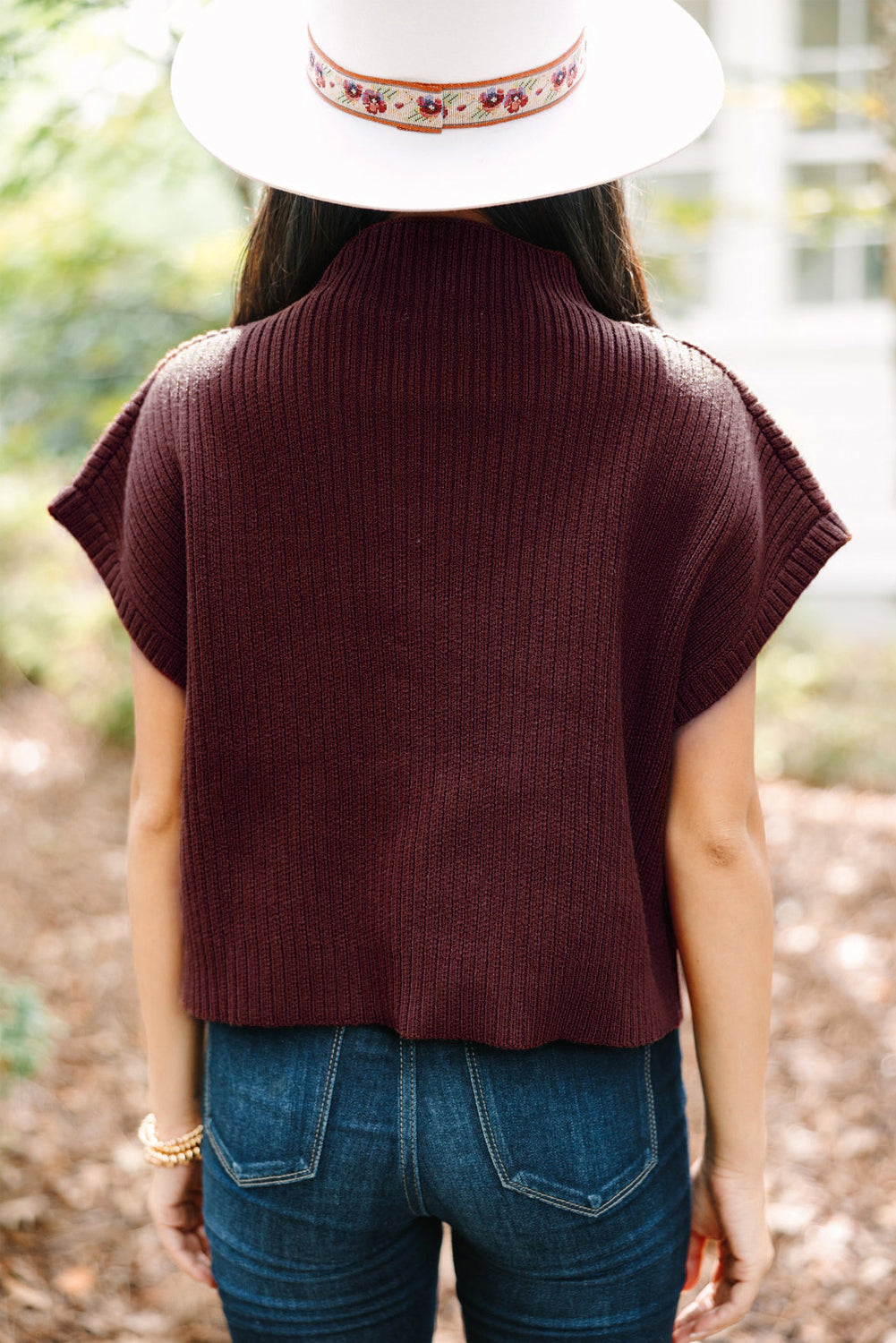 Beau Blue Patch Pocket geribbeld gebreide trui met korte mouwen