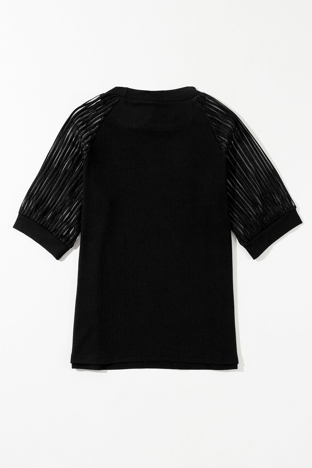 Zwart gestreept T-shirt met ronde hals en mesh mouwen