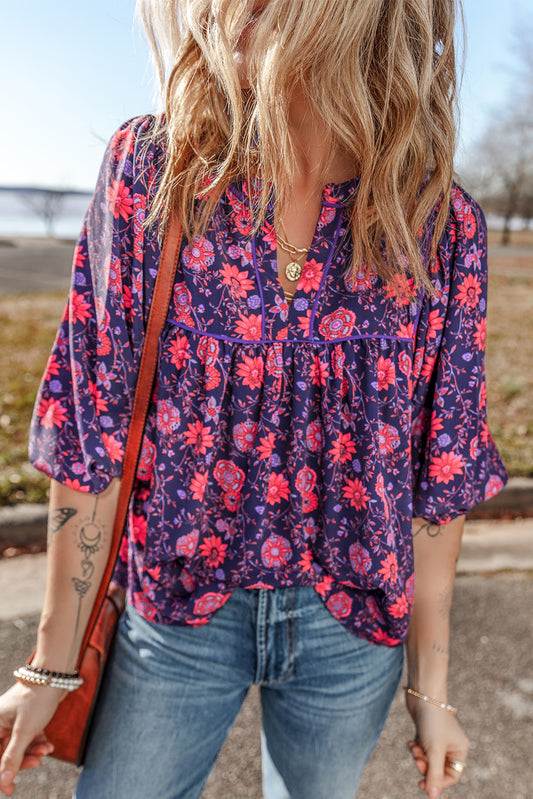 Paarse bloemen halve mouw splithals blouse top