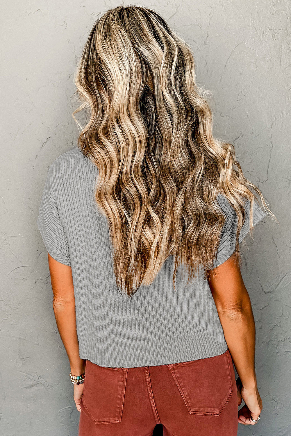 Beau Blue Patch Pocket geribbeld gebreide trui met korte mouwen