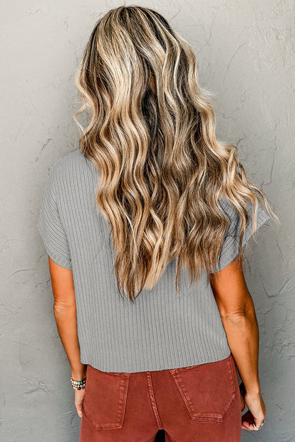 Beau Blue Patch Pocket geribbeld gebreide trui met korte mouwen