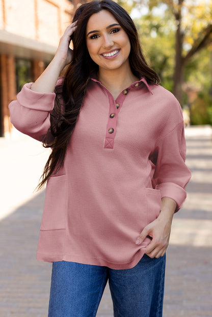 Jet Stream Waffle Long Sleeve Collar Half Button Loose Top