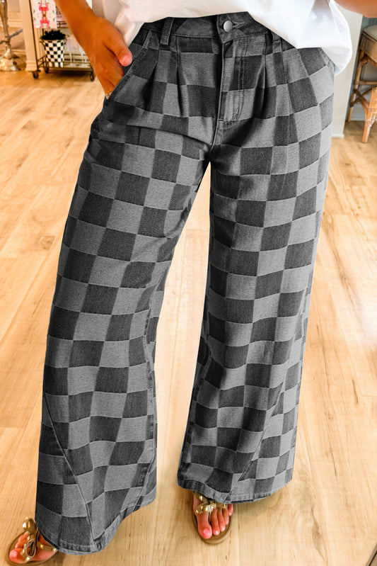 Donkergrijze geruite spijkerbroek jeans met wijd been