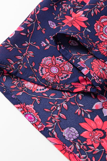 Paarse bloemen halve mouw splithals blouse top