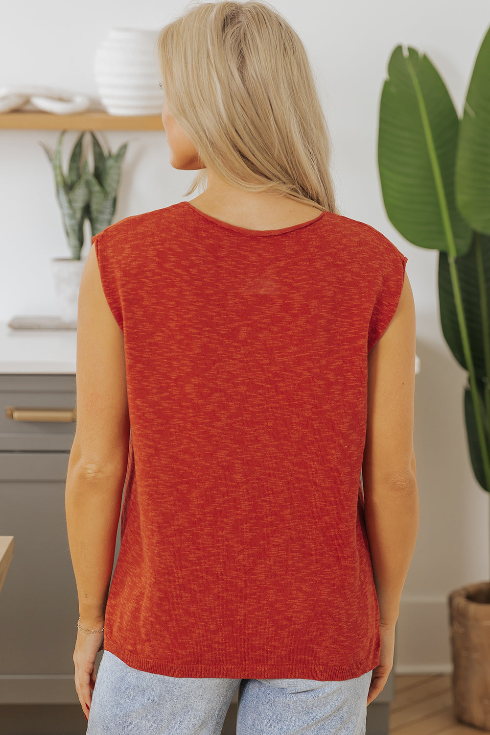 Oranje vaste kleur split v nek korte mouw trui