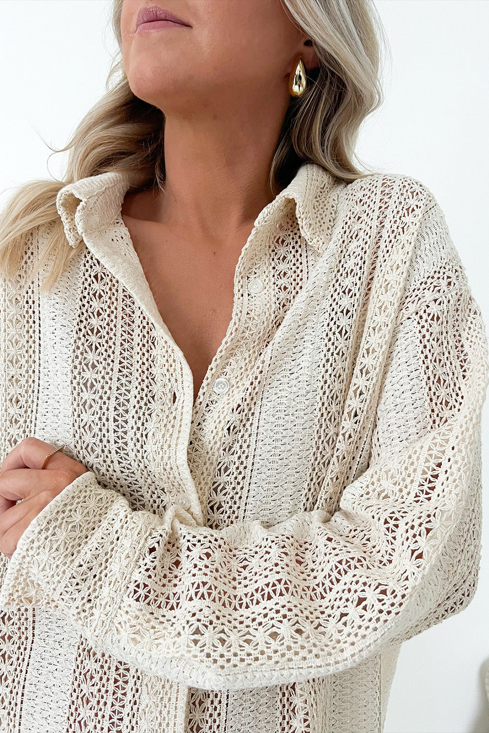 Beige kant gehaakt tuniek oversized shirt met kraag