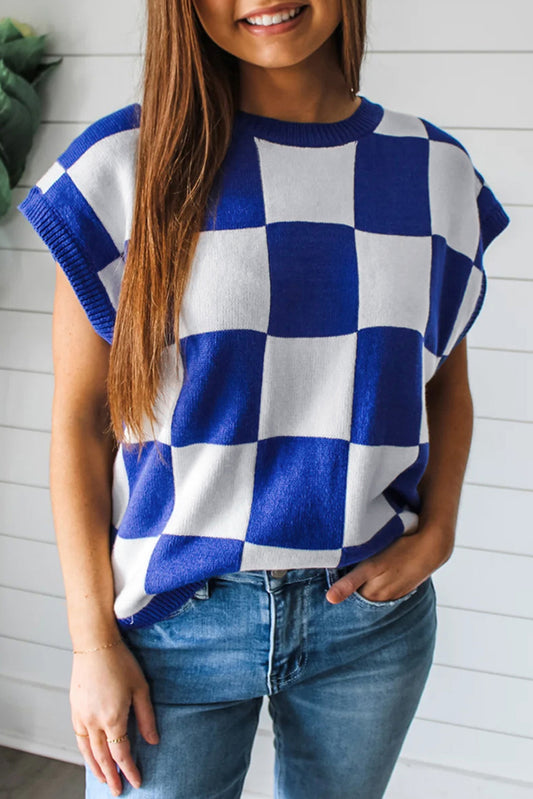 Donkerblauw dambord ronde nek trui vest