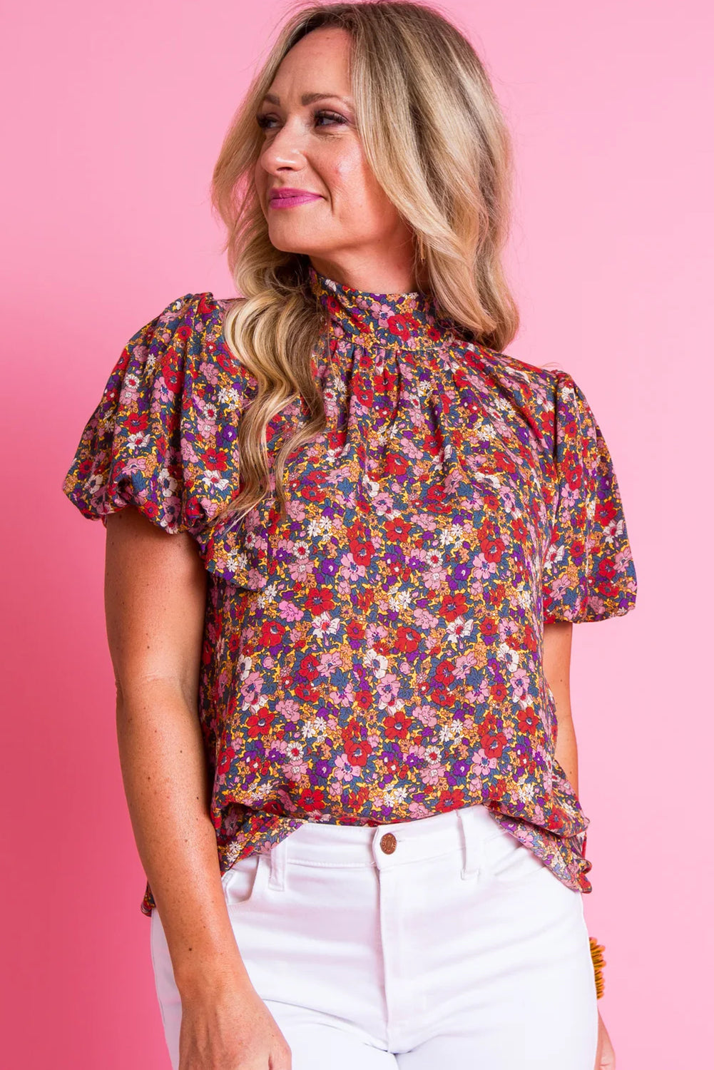 Paarse bloemenprint geknoopte blouse met hoge hals en pofmouwen
