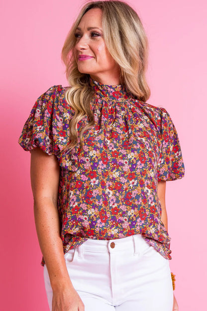 Paarse bloemenprint geknoopte blouse met hoge hals en pofmouwen