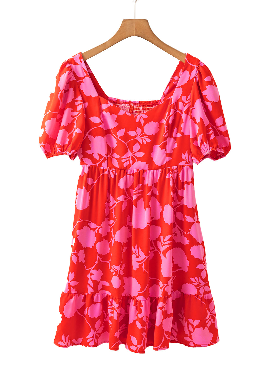 Rode bloemen bubbel mouw sweetheart nek gegolfde mini jurk