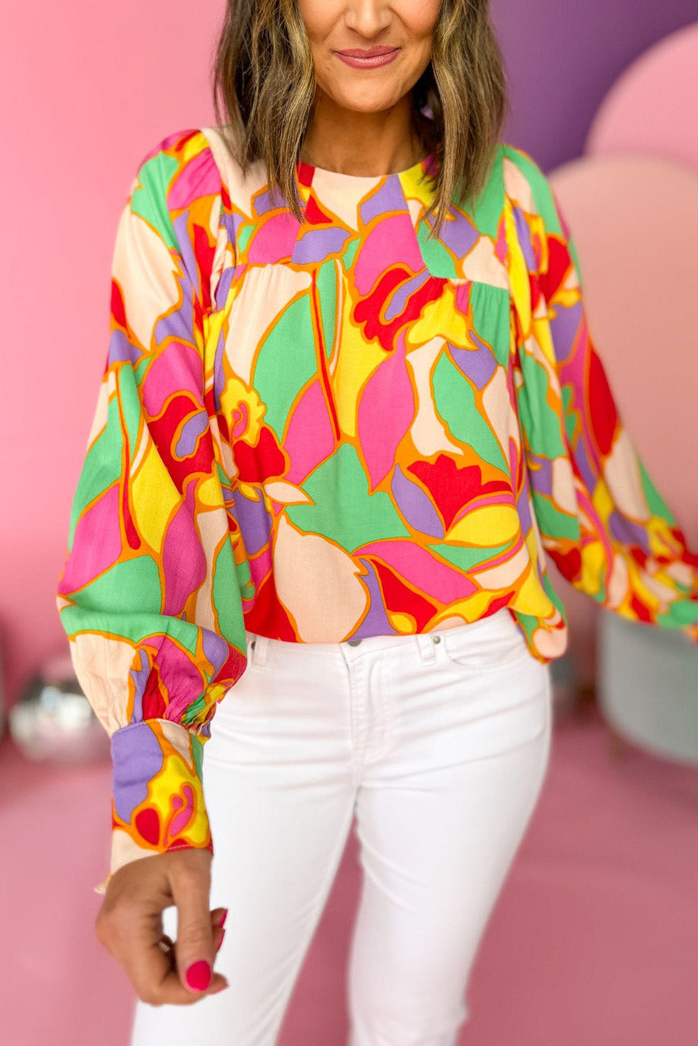 Gele blouse met abstracte print en pofmouwen