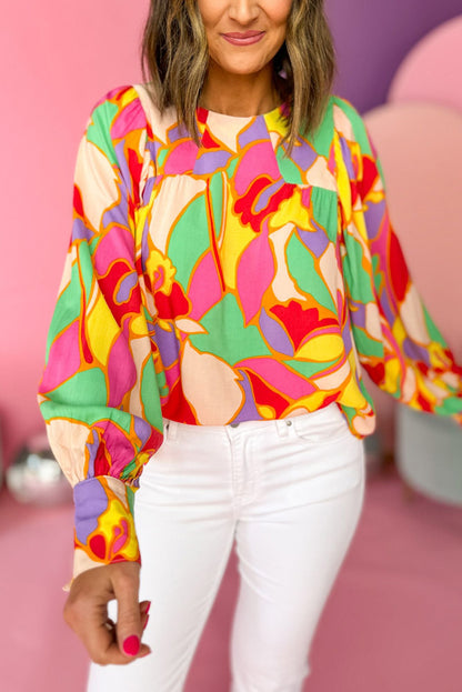 Gele blouse met abstracte print en pofmouwen