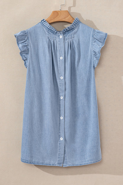 Beau blauwe retro chambray top met geplooide knoopsluiting op de rug