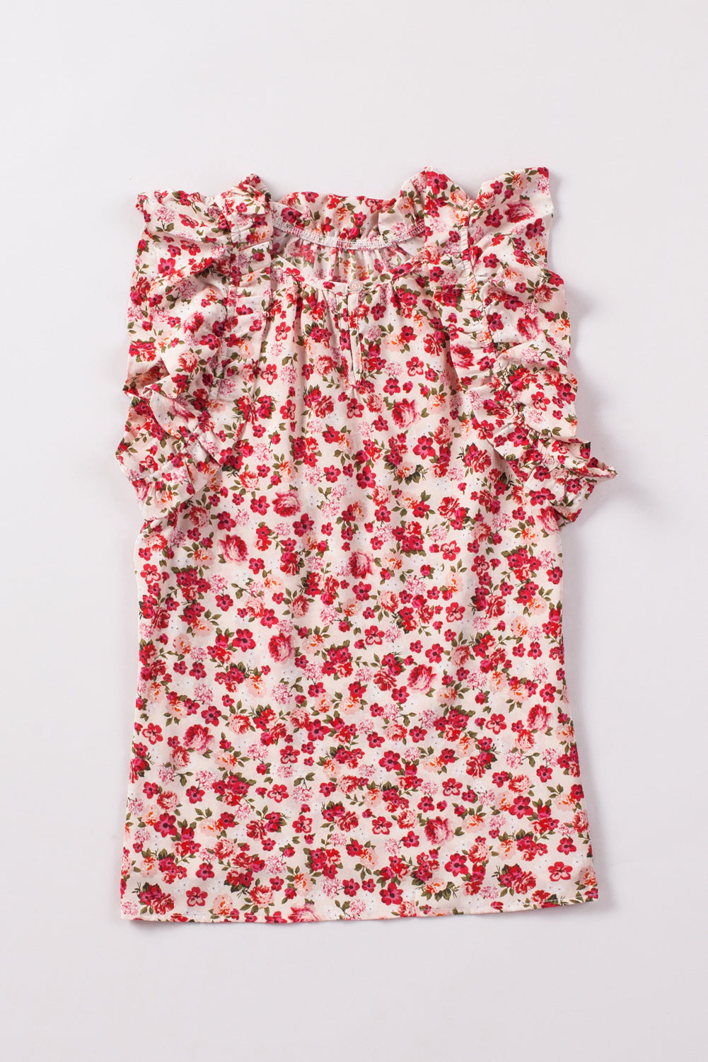 Vurige rode bloemenprint mouwloze top met ruches en nephals