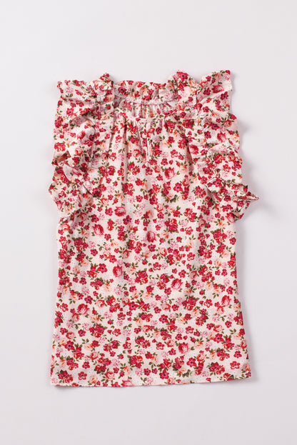 Vurige rode bloemenprint mouwloze top met ruches en nephals