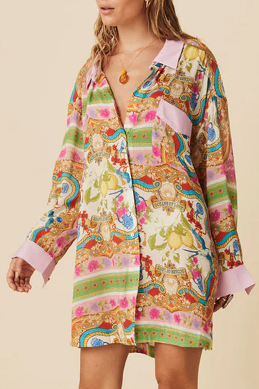 Multicolour boho bloemenprint geknoopte shirtjurk met lange mouwen