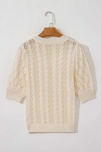Beige uitgehold patroon gebreide korte puff mouw trui