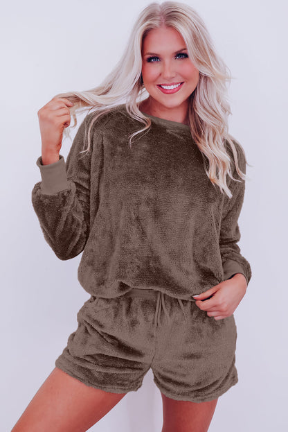 Koffie vaste los fit tweedelig fleece lounge set