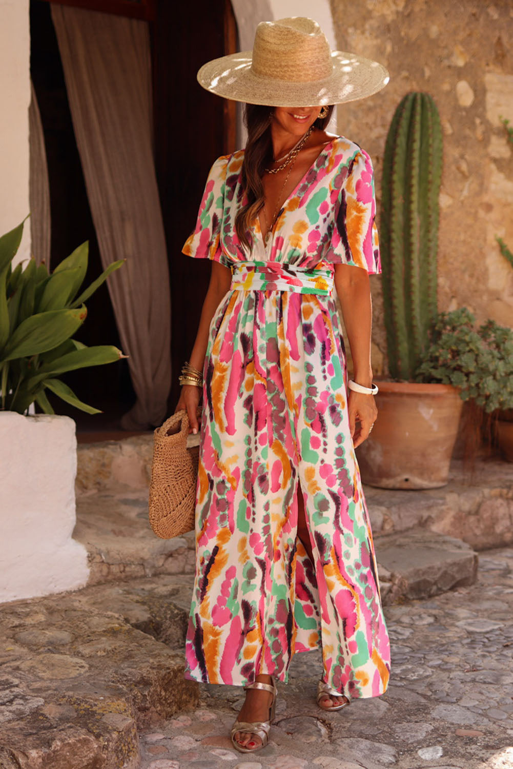 Roze maxi-jurk met boho tie-dye print en V-hals