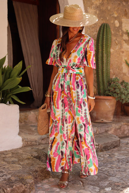 Roze maxi-jurk met boho tie-dye print en V-hals