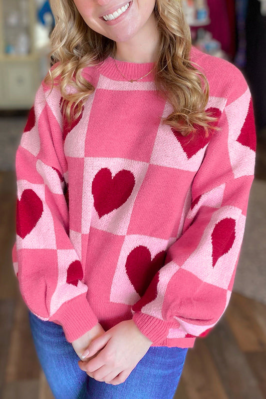 Pink Love Heart Geroolde Valentine Crew Neck Sweater