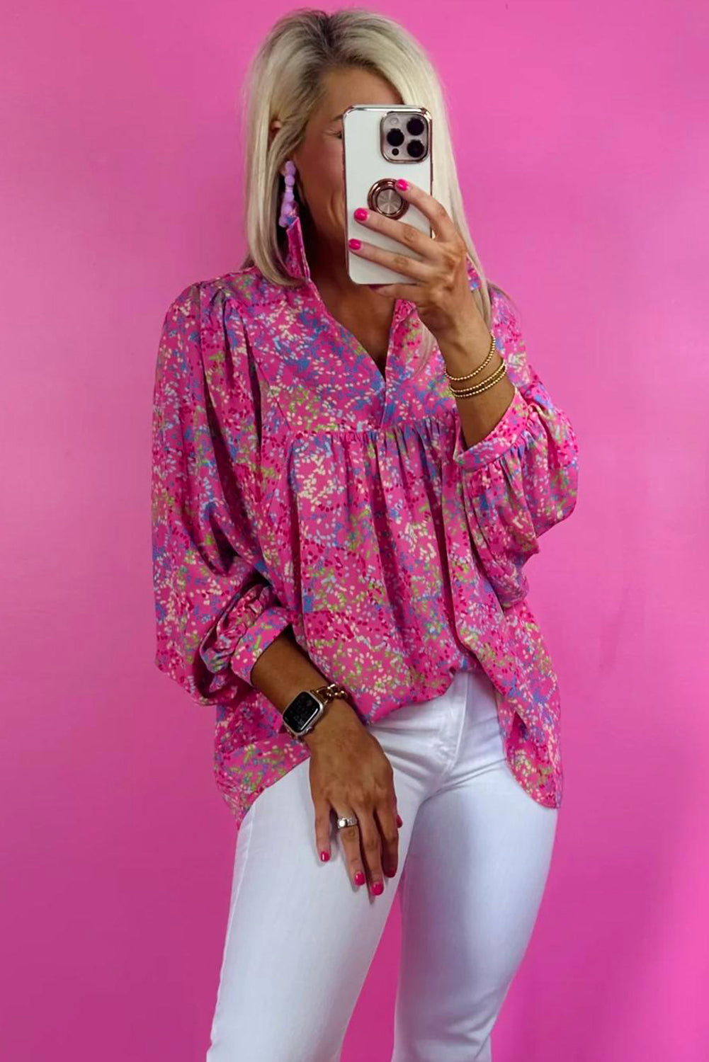 Bonbon Babydoll-blouse met abstracte print en kraag met V-hals