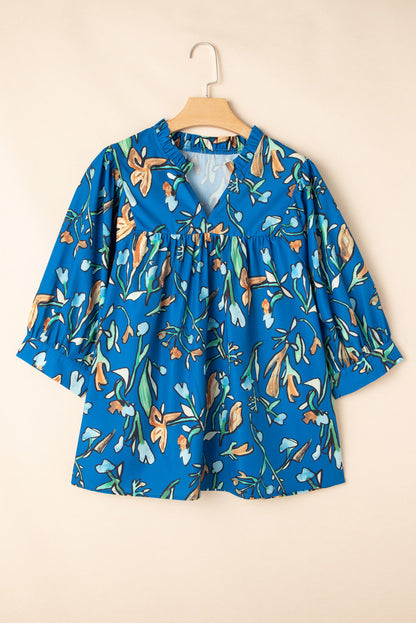 Blauwe bloemen ingekeed v nek halve mouw plus size blouse