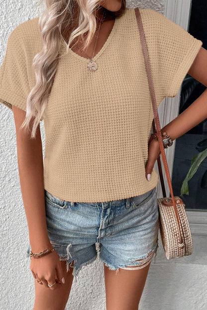 Havermout getextureerd T-shirt met knoopsluiting aan de achterkant en manchetten