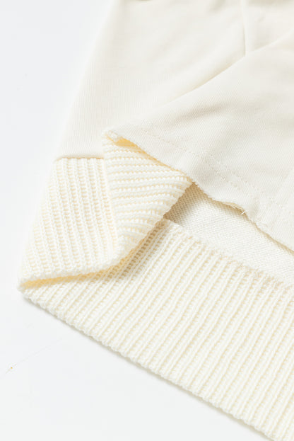 Beige Contrast Knit Patchwork Functionele Jas met Capuchon