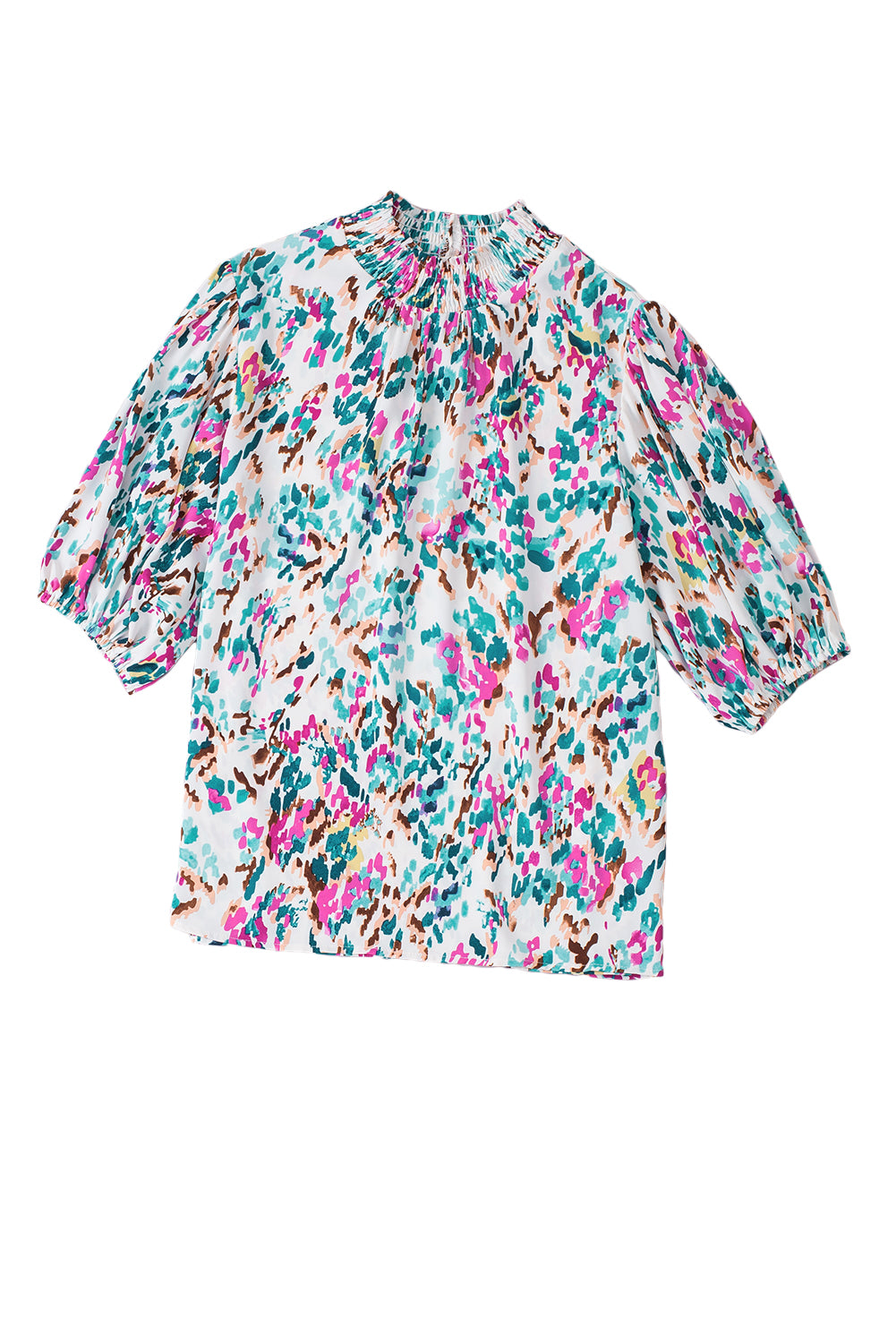 Lichtblauwe blouse met abstracte print en pofmouwen