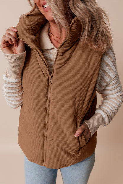 Koffie corduroy standaard nek ritssluiting puffer vest