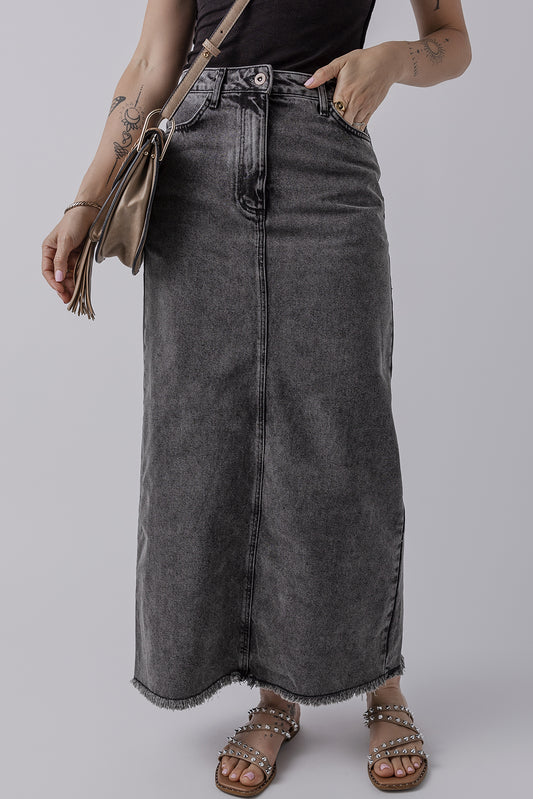 Donkergrijze denim rauwe terug split split hoge taille lange rok