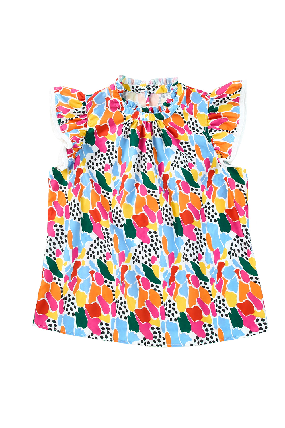 Top met hoge hals en fladdermouwen met veelkleurige abstracte print