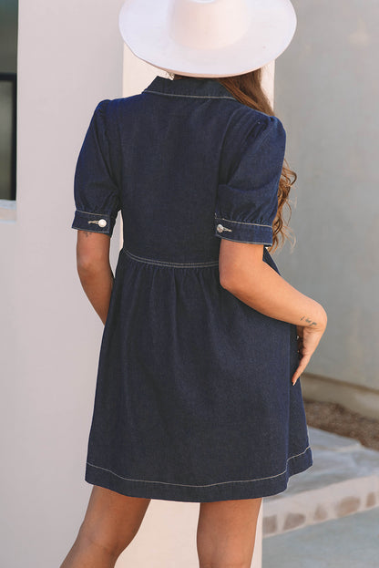 Vuil blauw ritssluiting met collared collared short puff mouw denimjurk