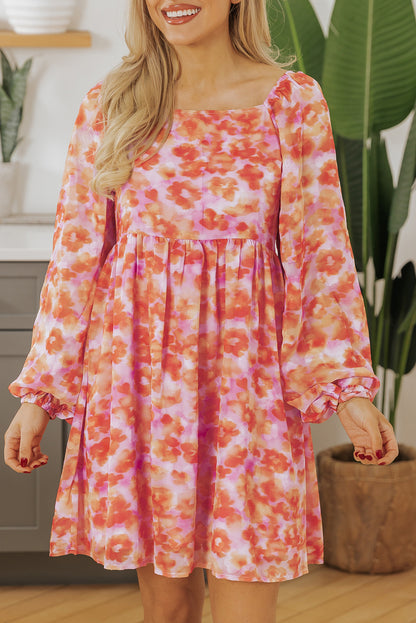 Rose Floral Print Square Neck High Taille Mini Dress