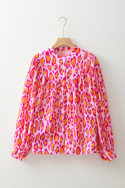 Rose Red Oversized Leopard Print Ballon Sleeve Casual Shirt