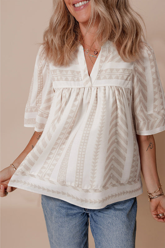 Jet Stream Geometric Jacquard Split V Nek Korte mouw Blouse