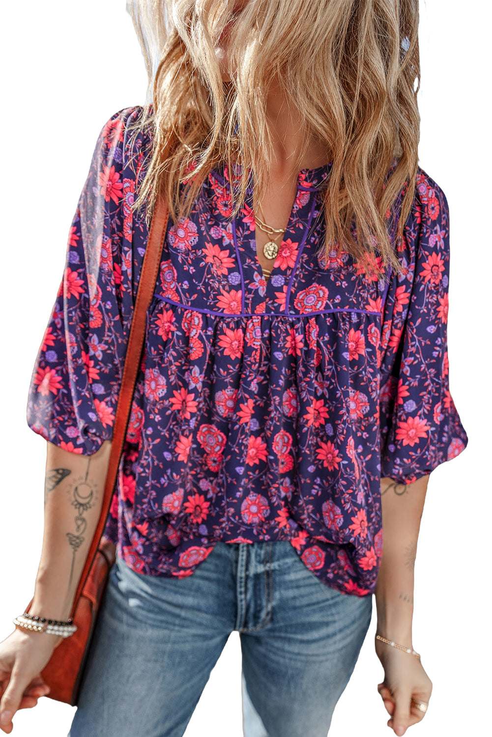 Paarse bloemen halve mouw splithals blouse top