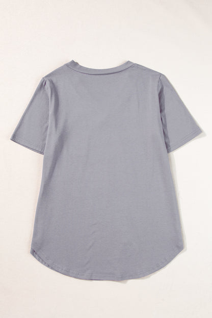 Middelgrijs T-shirt met V-hals en ronde zoom