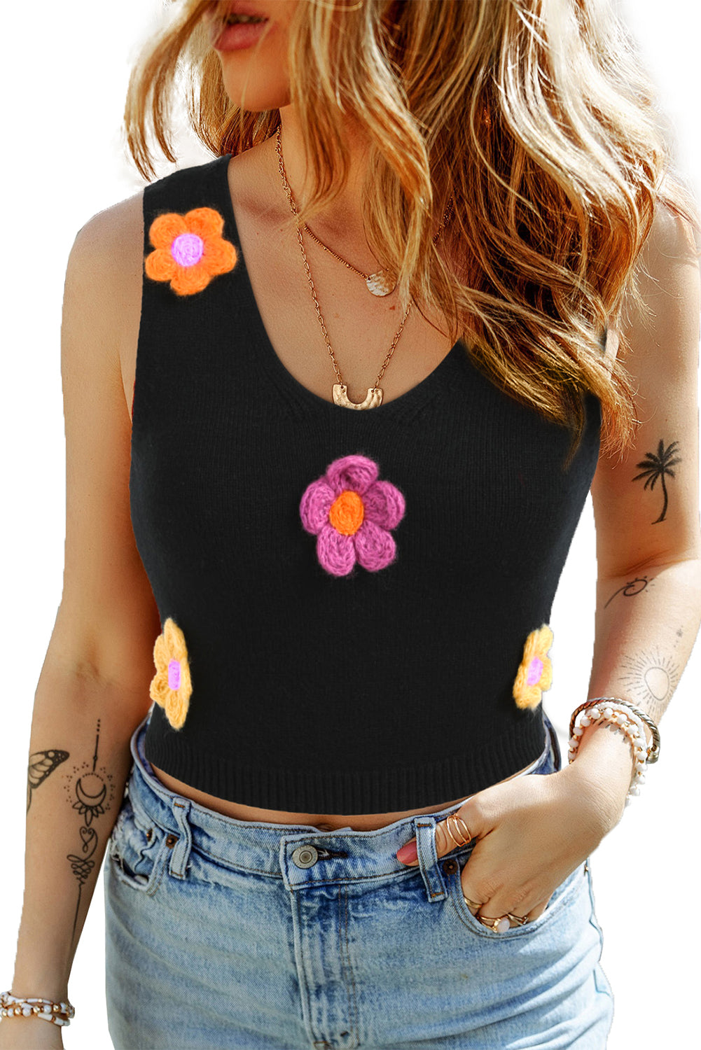 Zwart cropped truivest met 3D-bloemdecor