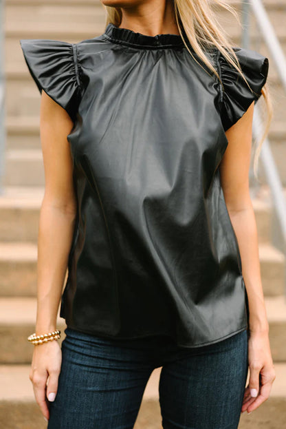 Zwarte pu lederen frilly ruches trim blouse