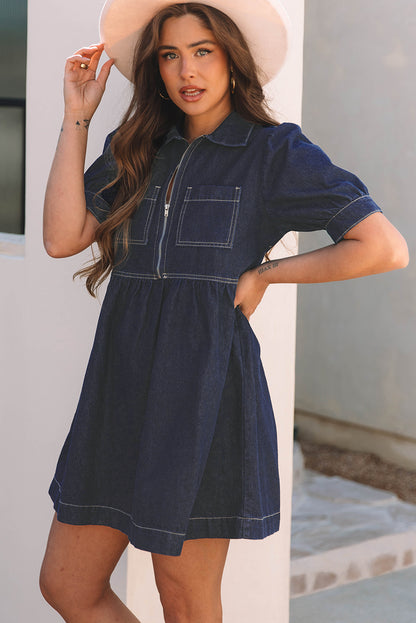 Vuil blauw ritssluiting met collared collared short puff mouw denimjurk