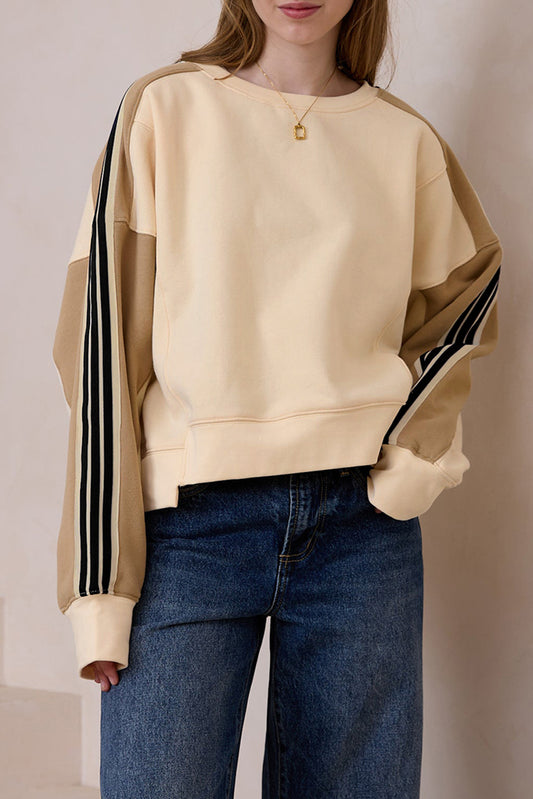 Beige contrast gestreepte patchwork druppel schouder los sweatshirt