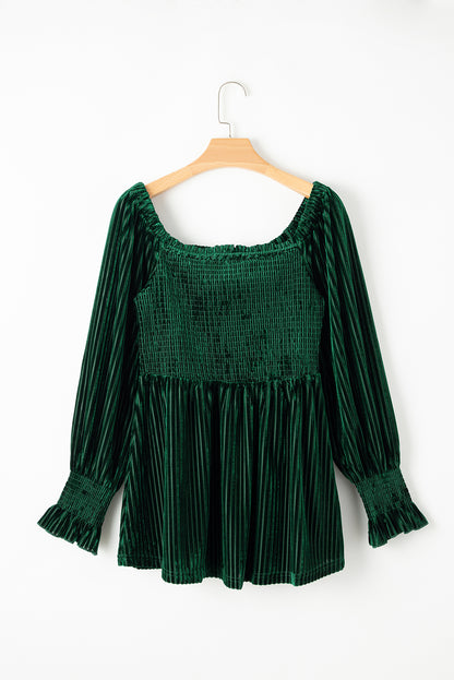 Zwartachtig groene gesmokte geribbelde fluwelen babydoll-top