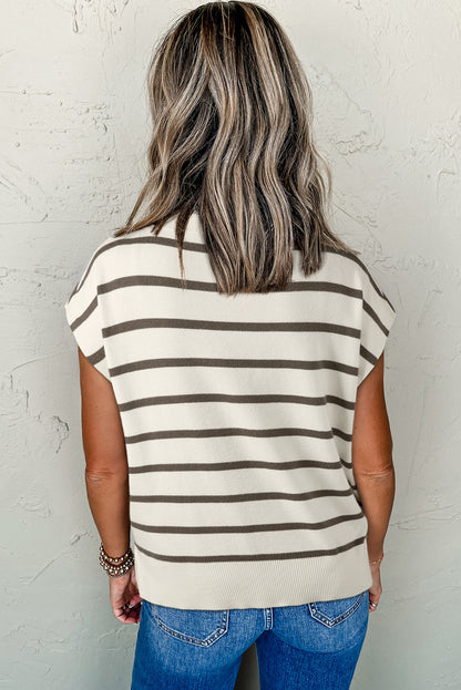 Bruine streep zijkant split Crewneck korte mouw trui T -shirt