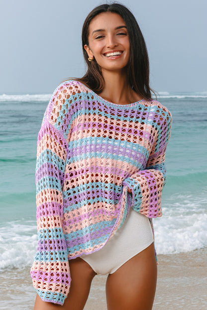 Purple Multi Stripe Open Gebreide trui Beach Cover Up