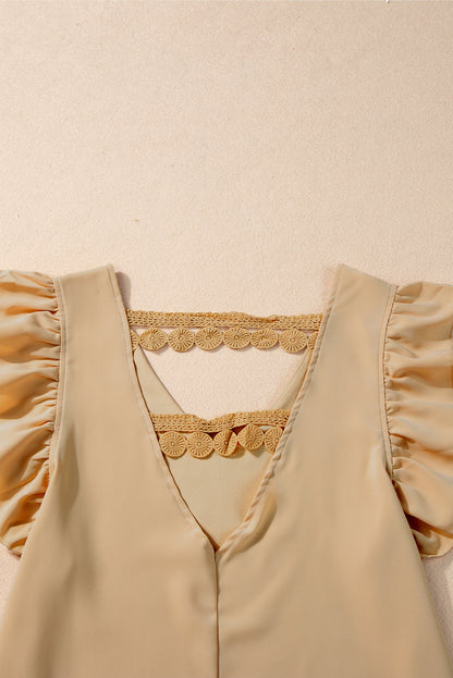 Perkament V-hals blouse met ruches, kanten verfraaide holle achterkant