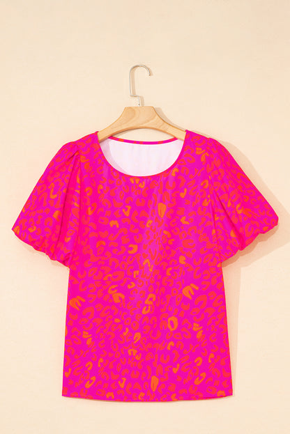 Top met roze luipaardprint en pofmouwen